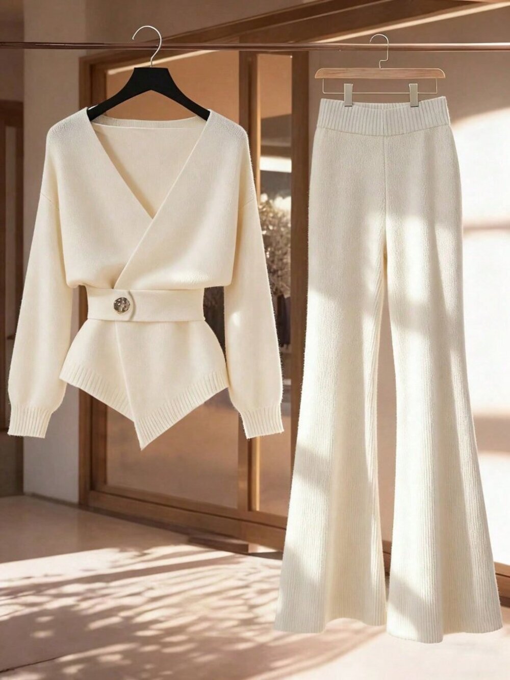Apricot Elegant Women's Casual Loose High-Quality Knitted Sweater Set